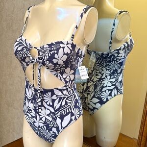 Roxy Blue & White Bandeau Peek a boo One Piece Swimsuit with Bold Design. Small